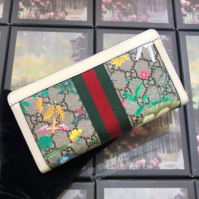 Gucci包 古馳錢包 523154花膠米白皮 Gucci最新款印花圖案 Ophidia系列 Gucci拉鏈式錢包  gudj1266